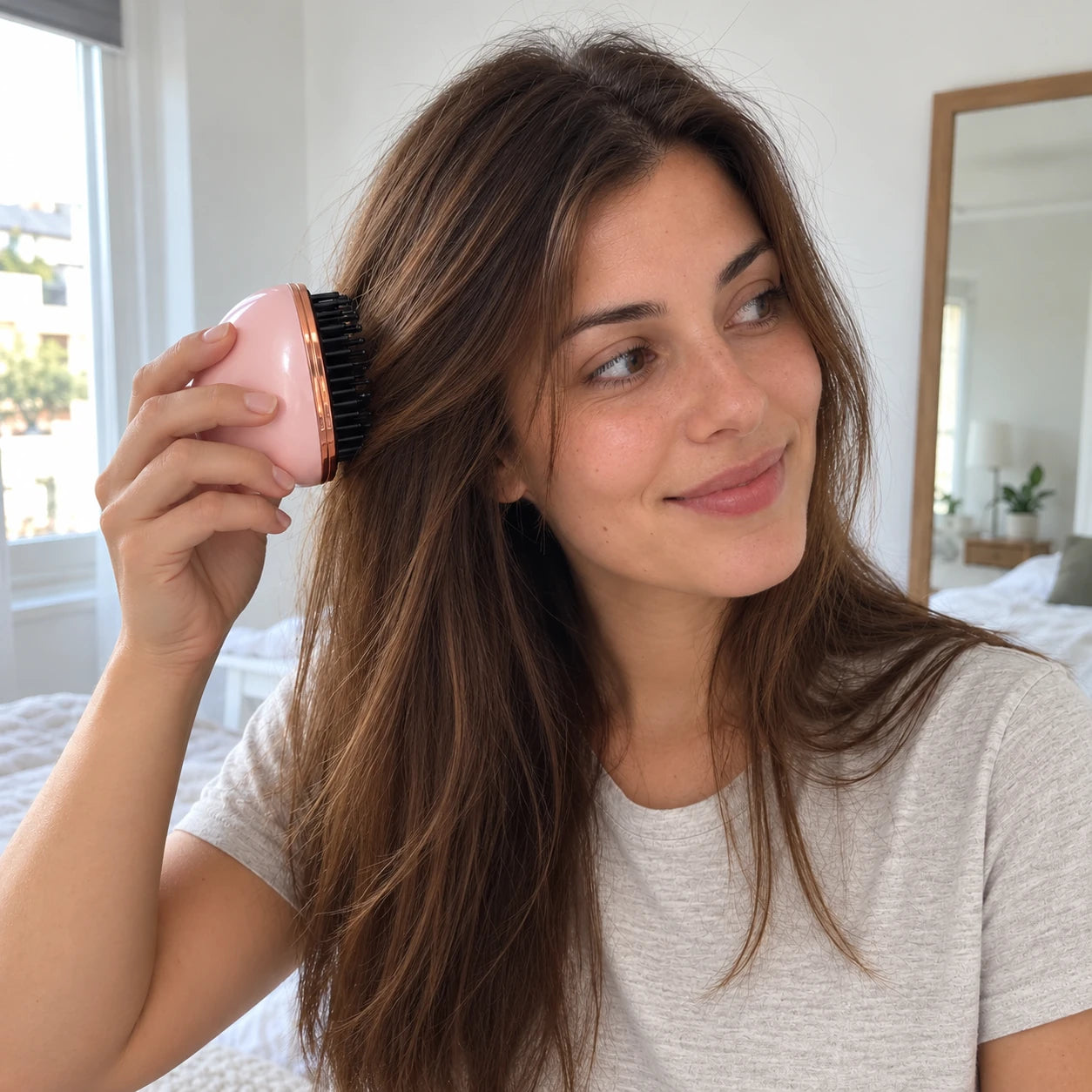 Mujer sujetando el mini cepillo rosa junto al pelo